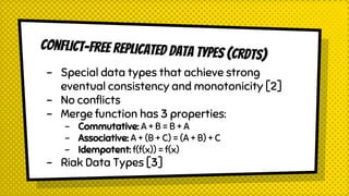 Conflict-free replicated data types (CRDTS)
- Special data types that achieve strong
eventual consistency and monotonicity [2]
- No conflicts
- Merge function has 3 properties:
- Commutative: A + B = B + A
- Associative: A + (B + C) = (A + B) + C
- Idempotent: f(f(x)) = f(x)
- Riak Data Types [3]
 