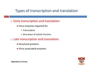 Types of transcription and translation
Early transcription and translation:Early transcription and translation:
Virus enzymes required for
TranscriptionTranscription 
Shut down of cellular function  
Late transcription and translation:Late transcription and translation:
Structural proteins 
Virus associated enzymesVirus associated enzymes 
Replication of viruses 
 