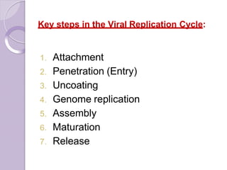 Key steps in the Viral Replication Cycle:
1. Attachment
2. Penetration (Entry)
3. Uncoating
4. Genome replication
5. Assembly
6. Maturation
7. Release
 
