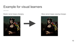Example for visual learners
Master server keeps changing Slave server keeps copying changes
13
 