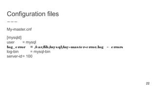 Configuration files
My-master.cnf
[mysqld]
user = mysql
log_error = /var/lib/mysql/my-master-error.log errors←
log-bin = mysql-bin
server-id= 100
22
 