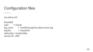 Configuration files
my-slave.cnf
[mysqld]
user = mysql
log_error = /var/lib/mysql/my-slave-error.log
log-bin = mysql-bin
relay-log = mysql-relay
server-id= 200
25
 