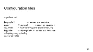 Configuration files
my-slave.cnf
[mysqld] same as master←
user = mysql same as master←
log_error = /var/lib/mysql/my-slave-error.log
log-bin = mysql-bin same as master←
relay-log = mysql-relay
server-id= 200
26
 