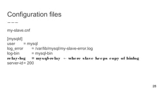 Configuration files
my-slave.cnf
[mysqld]
user = mysql
log_error = /var/lib/mysql/my-slave-error.log
log-bin = mysql-bin
relay-log = mysql-relay where slave keeps copy of binlog←
server-id= 200
28
 