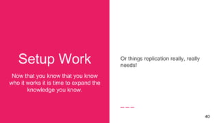 Setup Work Or things replication really, really
needs!
40
Now that you know that you know
who it works it is time to expand the
knowledge you know.
 