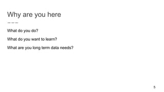 Why are you here
What do you do?
What do you want to learn?
What are you long term data needs?
5
 
