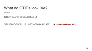 What do GTIDs look like?
GTID = source_id:transaction_id
3E11FA47-71CA-11E1-9E33-C80AA9429562:1-5 (transactions 1-5)
57
 