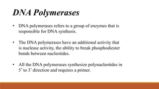 DNA Polymerases
• DNA polymerases refers to a group of enzymes that is
responsible for DNA synthesis.
• The DNA polymerases have an additional activity that
is nuclease activity, the ability to break phosphodiester
bonds between nucleotides.
• All the DNA polymerases synthesize polynucleotides in
5’ to 3’ direction and requires a primer.
 
