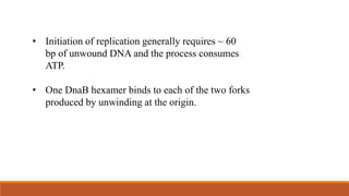 • Initiation of replication generally requires ~ 60
bp of unwound DNA and the process consumes
ATP.
• One DnaB hexamer binds to each of the two forks
produced by unwinding at the origin.
 
