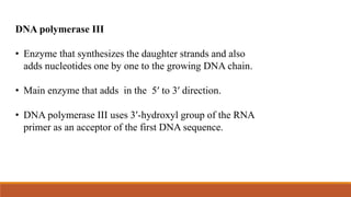 DNA polymerase III
• Enzyme that synthesizes the daughter strands and also
adds nucleotides one by one to the growing DNA chain.
• Main enzyme that adds in the 5ʹ to 3ʹ direction.
• DNA polymerase III uses 3ʹ-hydroxyl group of the RNA
primer as an acceptor of the first DNA sequence.
 
