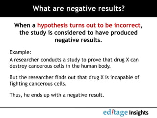 What are negative results?
Example:
A researcher conducts a study to prove that drug X can
destroy cancerous cells in the human body.
But the researcher finds out that drug X is incapable of
fighting cancerous cells.
Thus, he ends up with a negative result.
When a hypothesis turns out to be incorrect,
the study is considered to have produced
negative results.
 