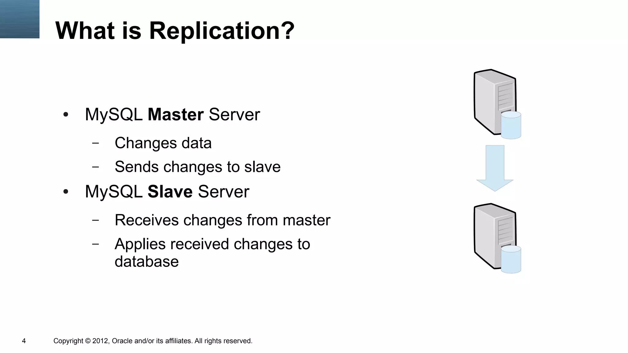 What is Replication?


       ●      MySQL Master Server
                 –      Changes data
                 –      Sends changes to slave
       ●      MySQL Slave Server
                 –      Receives changes from master
                 –      Applies received changes to
                        database



4   Copyright © 2012, Oracle and/or its affiliates. All rights reserved.
 