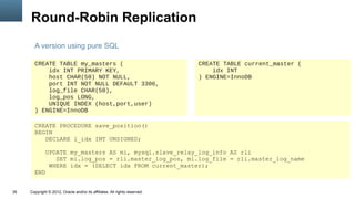 Round-Robin Replication
       A version using pure SQL

       CREATE TABLE my_masters (                                            CREATE TABLE current_master (
           idx INT PRIMARY KEY,                                                 idx INT
           host CHAR(50) NOT NULL,                                          ) ENGINE=InnoDB
           port INT NOT NULL DEFAULT 3306,
           log_file CHAR(50),
           log_pos LONG,
           UNIQUE INDEX (host,port,user)
       ) ENGINE=InnoDB

       CREATE PROCEDURE save_position()
       BEGIN
          DECLARE l_idx INT UNSIGNED;

          UPDATE my_masters AS mi, mysql.slave_relay_log_info AS rli
             SET mi.log_pos = rli.master_log_pos, mi.log_file = rli.master_log_name
           WHERE idx = (SELECT idx FROM current_master);
       END


35   Copyright © 2012, Oracle and/or its affiliates. All rights reserved.
 