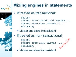 Mixing engines in statements
 If treated as transactional:
   BEGIN;
   INSERT INTO innodb_tbl VALUES...
   INSERT INTO user VALUES ...
   ROLLBACK;
  Master and slave inconsistent
 If treated as non-transactional:
   BEGIN;




                                           1
                                          1. 3
   INSERT INTO user VALUES ...




                                          5.
                                     in
   ROLLBACK;




                                      d
                                    xe
                                  Fi
  Master and slave inconsistent
 