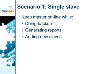 Scenario 1: Single slave
 Keep master on-line while:
  Doing backup
  Generating reports
  Adding new slaves
 