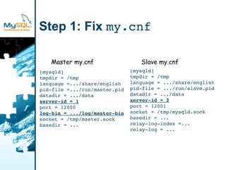 Step 1: Fix my.cnf

   Master my.cnf                  Slave my.cnf
[mysqld]                       [mysqld]
tmpdir = /tmp                  tmpdir = /tmp
language =.../share/english    language = .../share/english
pid­file =.../run/master.pid   pid­file = .../run/slave.pid
datadir = .../data             datadir = .../data
server­id = 1                  server­id = 2
port = 12000                   port = 12001
log­bin = .../log/master­bin   socket = /tmp/mysqld.sock
socket = /tmp/master.sock      basedir = ...
basedir = ...                  relay­log­index =...
                               relay­log = ...
 