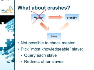 Standby
Slave
Master

          What about crashes?
                 Master           Standby




                          Slave

           Not possible to check master
           Pick “most knowledgeable” slave:
             Query each slave
             Redirect other slaves
 