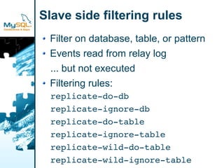 Slave side filtering rules
 Filter on database, table, or pattern
 Events read from relay log
 ... but not executed
 Filtering rules:
  replicate­do­db
  replicate­ignore­db
  replicate­do­table
  replicate­ignore­table
  replicate­wild­do­table
  replicate­wild­ignore­table
 