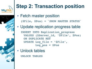 Step 2: Transaction position
 Fetch master position
 ($File, $Pos) = `SHOW MASTER STATUS`

 Update replication progress table
 INSERT INTO Replication_progress
   VALUES ($Server_id, '$File', $Pos)
   ON DUPLICATE KEY
   UPDATE Log_file = '$File',
          Log_pos = $Pos

 Unlock tables
 UNLOCK TABLES
 