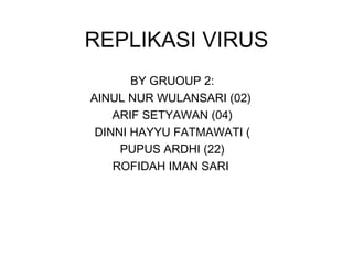 REPLIKASI VIRUS BY GRUOUP 2: AINUL NUR WULANSARI (02)  ARIF SETYAWAN (04) DINNI HAYYU FATMAWATI ( PUPUS ARDHI (22) ROFIDAH IMAN SARI  