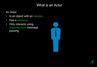 15
An Actor:
• Is an object with an identity.
• Has a behavior.
• Only interacts using
asynchronous message
passing.
What is an Actor
 