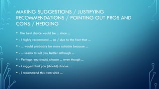 MAKING SUGGESTIONS / JUSTIFYING
RECOMMENDATIONS / POINTING OUT PROS AND
CONS / HEDGING
• The best choice would be ... since ...
• - I highly recommend ... as / due to the fact that ...
• - ... would probably be more suitable because ...
• - ... seems to suit you better although ...
• - Perhaps you should choose ... even though ...
• - I suggest that you (should) choose ...
• - I recommend this item since ...
 