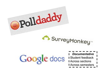 Documentative
Student feedback
Across sections
Across semesters
 