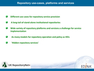 Different use cases for repository service provision
A long-tail of stand-alone institutional repositories
Wide variety of...