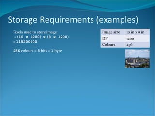 Storage Requirements (examples) Pixels used to store image = ( 10 x 1200 )  x   ( 8 x 1200 ) =  115200000 256  colours =  8  bits =  1  byte Image size 10 in x 8 in DPI 1200 Colours 256 