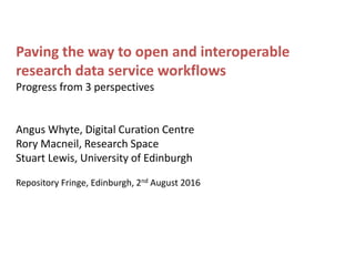Paving the way to open and interoperable
research data service workflows
Progress from 3 perspectives
Angus Whyte, Digital Curation Centre
Rory Macneil, Research Space
Stuart Lewis, University of Edinburgh
Repository Fringe, Edinburgh, 2nd August 2016
 