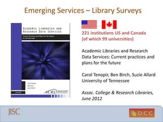 Emerging Services – Library Surveys
221 institutions US and Canada
(of which 99 universities)
Academic Libraries and Resea...