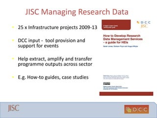 JISC Managing Research Data
• 25 x Infrastructure projects 2009-13
• DCC input - tool provision and
support for events
• H...