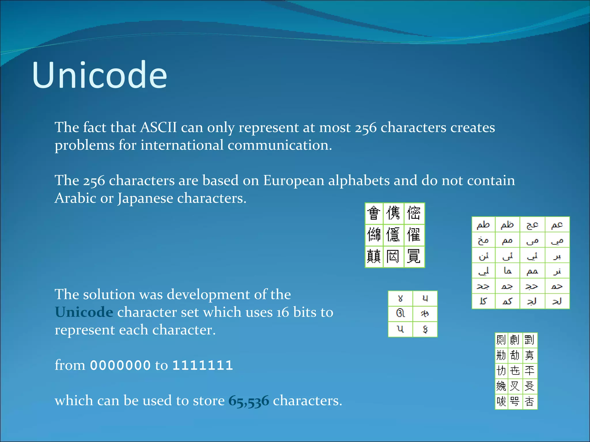 Unicode The fact that ASCII can only represent at most 256 characters creates problems for international communication.  The 256 characters are based on European alphabets and do not contain Arabic or Japanese characters. The solution was development of the  Unicode  character set which uses 16 bits to represent each character.  from  0000000  to  1111111 which can be used to store  65,536   characters. 