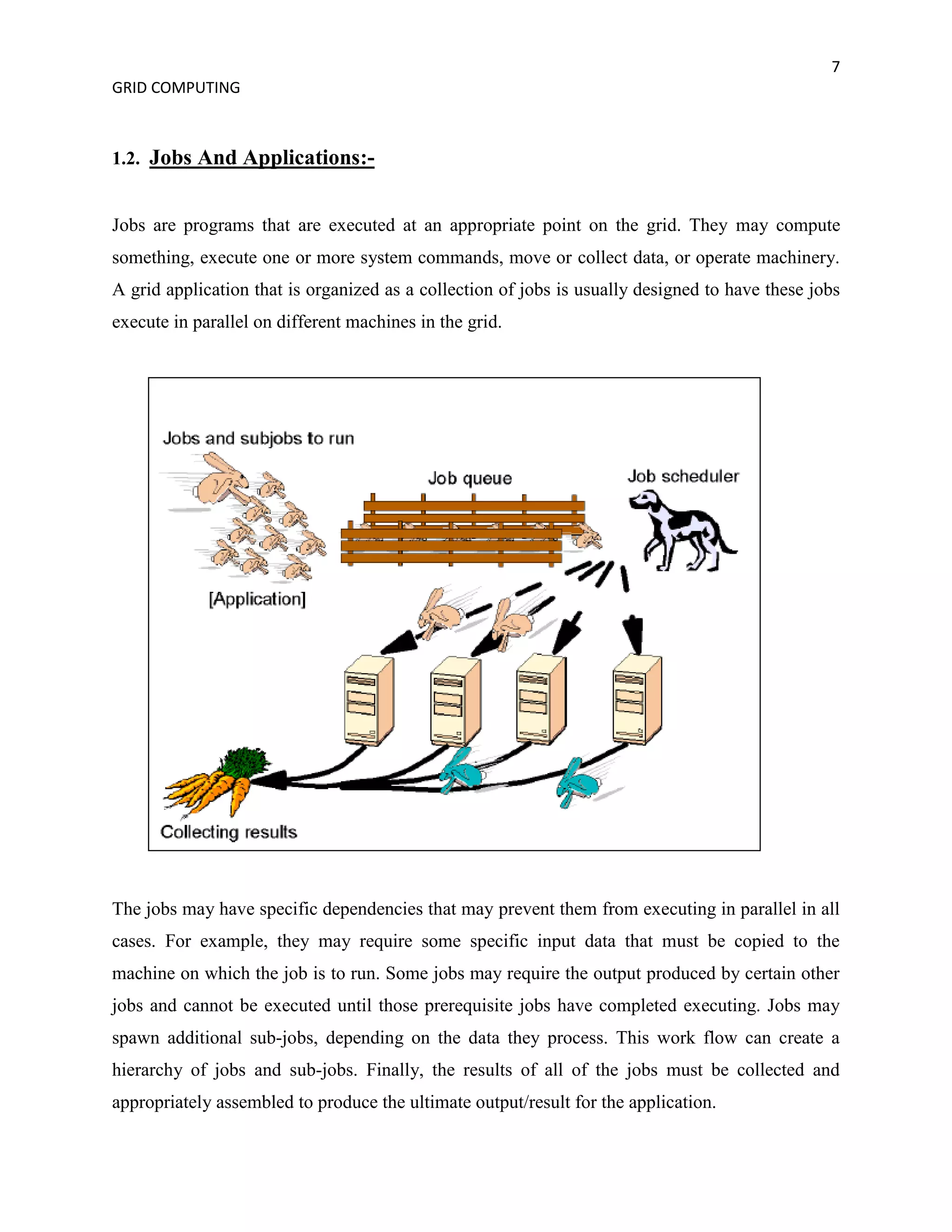 7
GRID COMPUTING



1.2. Jobs And Applications:-


Jobs are programs that are executed at an appropriate point on the grid. They may compute
something, execute one or more system commands, move or collect data, or operate machinery.
A grid application that is organized as a collection of jobs is usually designed to have these jobs
execute in parallel on different machines in the grid.




The jobs may have specific dependencies that may prevent them from executing in parallel in all
cases. For example, they may require some specific input data that must be copied to the
machine on which the job is to run. Some jobs may require the output produced by certain other
jobs and cannot be executed until those prerequisite jobs have completed executing. Jobs may
spawn additional sub-jobs, depending on the data they process. This work flow can create a
hierarchy of jobs and sub-jobs. Finally, the results of all of the jobs must be collected and
appropriately assembled to produce the ultimate output/result for the application.
 