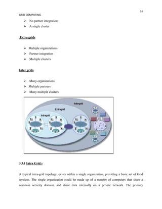 16
GRID COMPUTING

    No partner integration
    A single cluster


Extra grids


    Multiple organizations
    Partner integration
    Multiple clusters


Inter grids


    Many organizations
    Multiple partners
    Many multiple clusters




3.3.1 Intra Grid:-


A typical intra-grid topology, exists within a single organization, providing a basic set of Grid
services. The single organization could be made up of a number of computers that share a
common security domain, and share data internally on a private network. The primary
 
