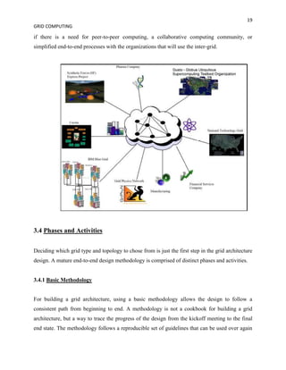 19
GRID COMPUTING

if there is a need for peer-to-peer computing, a collaborative computing community, or
simplified end-to-end processes with the organizations that will use the inter-grid.




3.4 Phases and Activities


Deciding which grid type and topology to chose from is just the first step in the grid architecture
design. A mature end-to-end design methodology is comprised of distinct phases and activities.


3.4.1 Basic Methodology


For building a grid architecture, using a basic methodology allows the design to follow a
consistent path from beginning to end. A methodology is not a cookbook for building a grid
architecture, but a way to trace the progress of the design from the kickoff meeting to the final
end state. The methodology follows a reproducible set of guidelines that can be used over again
 