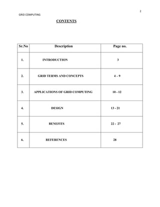2
GRID COMPUTING

                       CONTENTS




Sr.No                 Description          Page no.


 1.              INTRODUCTION                   3




 2.         GRID TERMS AND CONCEPTS         4–9




 3.      APPLICATIONS OF GRID COMPUTING    10 - 12




 4.                  DESIGN               13 - 21



 5.                 BENEFITS              22 - 27




 6.               REFERENCES               28
 