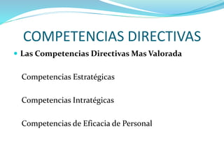 COMPETENCIAS DIRECTIVAS
 Las Competencias Directivas Mas Valorada
Competencias Estratégicas
Competencias Intratégicas
Competencias de Eficacia de Personal
 