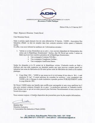 L' Association des Industries d' Haiti repond à Frantz Duval