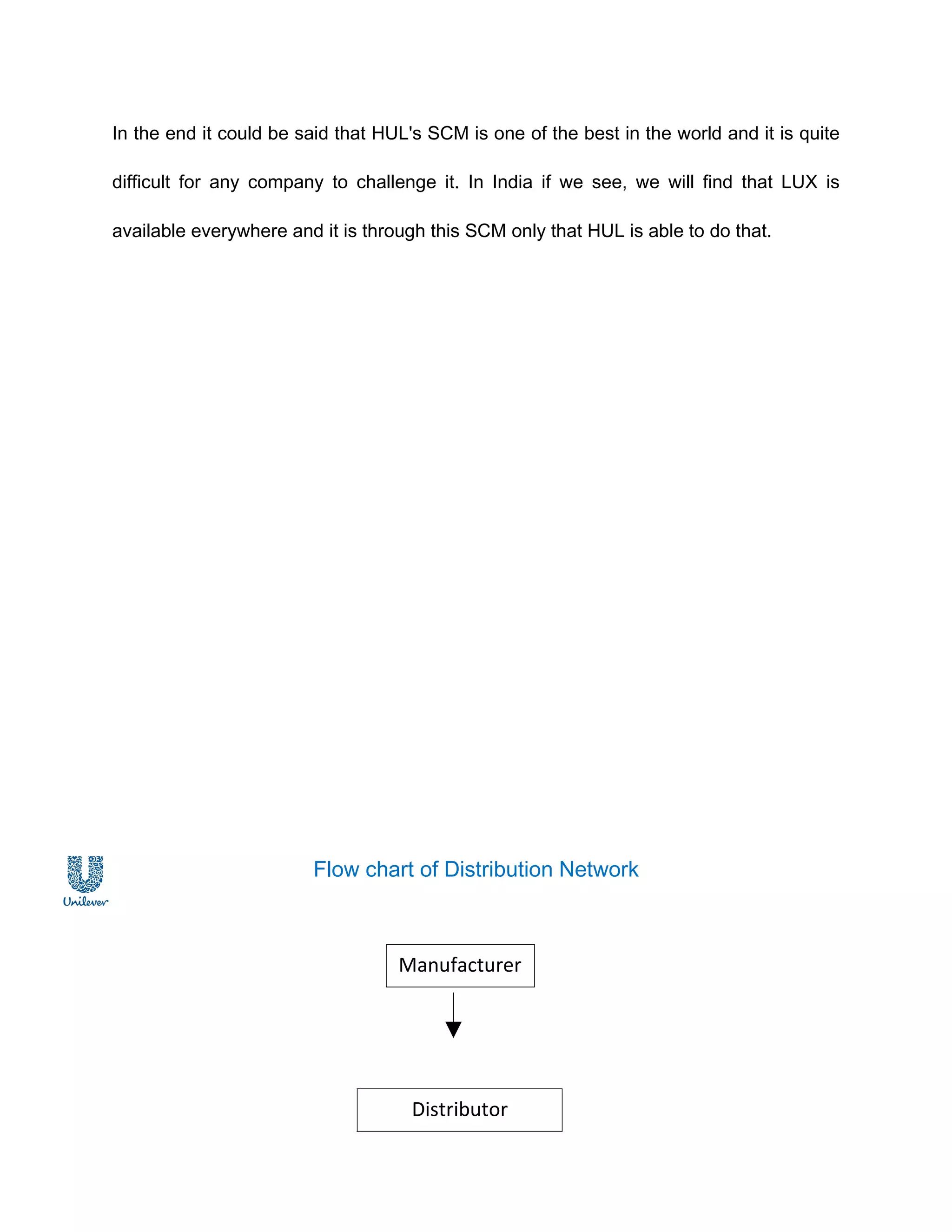 In the end it could be said that HUL's SCM is one of the best in the world and it is quite

difficult for any company to challenge it. In India if we see, we will find that LUX is

available everywhere and it is through this SCM only that HUL is able to do that.




                        Flow chart of Distribution Network



                                   Manufacturer




                                     Distributor
 