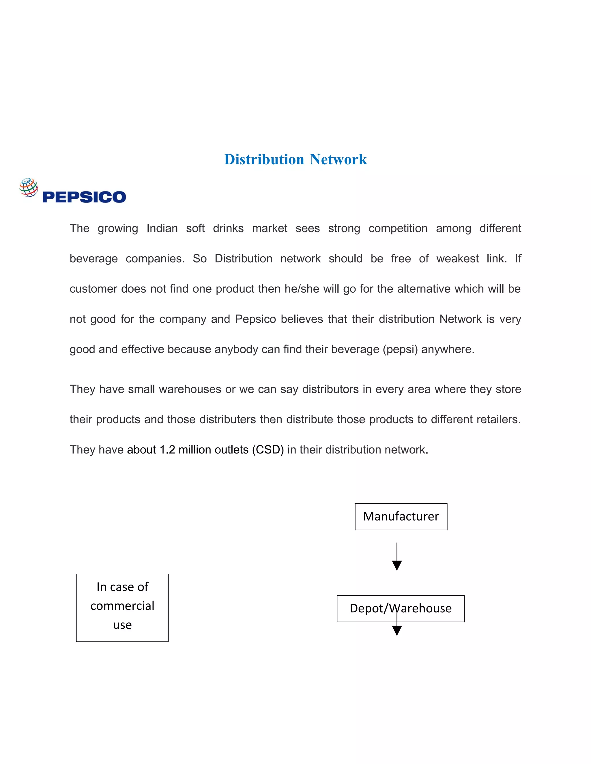 Distribution Network



The growing Indian soft drinks market sees strong competition among different

beverage companies. So Distribution network should be free of weakest link. If

customer does not find one product then he/she will go for the alternative which will be

not good for the company and Pepsico believes that their distribution Network is very

good and effective because anybody can find their beverage (pepsi) anywhere.


They have small warehouses or we can say distributors in every area where they store

their products and those distributers then distribute those products to different retailers.

They have about 1.2 million outlets (CSD) in their distribution network.




                                                           Manufacturer




     In case of
    commercial                                           Depot/Warehouse
         use
 