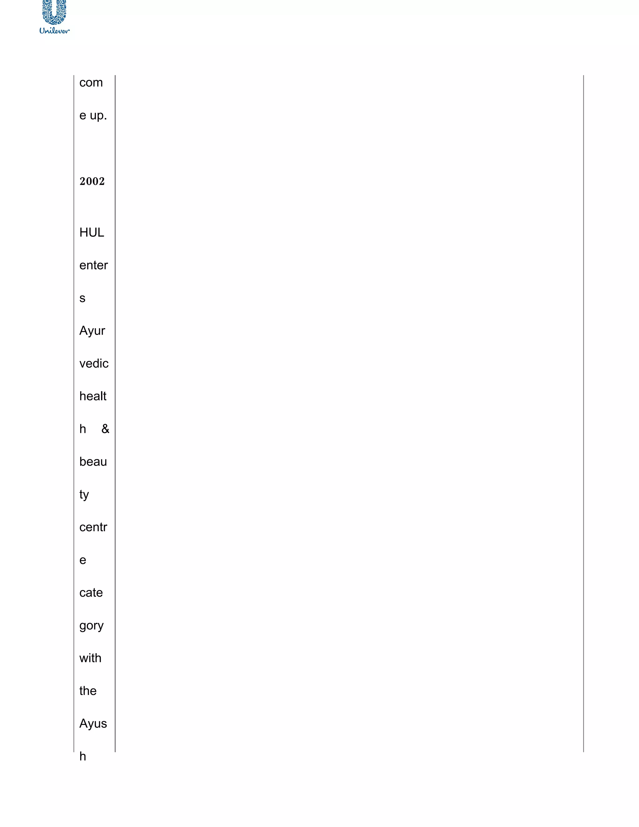 com

e up.




2002



HUL

enter

s

Ayur

vedic

healt

h     &

beau

ty

centr

e

cate

gory

with

the

Ayus

h
 