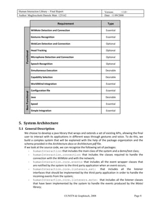 Human Interaction Library – Final Report                                                     Version:      <1.0>
Author: Magliocchetti Daniele Matr. 125162                                                   Date: 11/09/2008


                                                             Requirement                       Type

                                    WiiMote Detection and Connection                          Essential 

                                    Gestures Recognition                                      Essential 

                                    WebCam Detection and Connection                           Optional 

                                    Head Tracking                                             Optional 
               Functional 




                                    Microphone Detection and Connection                       Optional 

                                    Speech Recognition                                        Optional 

                                    Simultaneous Execution                                   Desirable 

                                    Capability Selection                                     Desirable 

                                    WorldWind Integration                                     Essential 

                                    Configuration file                                        Essential 
               Non Functional




                                    Java                                                     Desirable 

                                    Speed                                                     Essential 

                                    Simple Integration                                        Essential 

                                 

5. System Architecture 
    4B




5.1 General Description 
         17B




         We choose to develop a java library that wraps and extends a set of existing APIs, allowing the final 
         user  to  interact  with  its  applications  in  different  ways  through  gestures  and  voice.  To  do  this,  we 
         build  a  complex  system  that  will  be  explained  with  the  help  of  the  package  organization  and  the 
         schema provided in the Architecture.docx or Architecture.pdf file. 
         If we look at the source code, we can recognize the following set of packages: 
             ‐ humanInteraction: that includes the main class of the system and a demo/test class;
             ‐ humanInteraction.connection:  that  includes  the  classes  required  to  handle  the 
                  connection with the WiiMote and with the network;
             ‐ humanInteraction.core.events:  that  includes  all  the  event  wrapper  classes  that 
                  are notified by the system to the third party application when an event occurs;
             ‐ humanInteraction.core.listeners.ext: that  includes  all  the  listener 
                  interfaces that should be implemented by the third party application in order to handle the 
                  incoming events from the system;
             ‐ humanInteraction.core.listeners.mote: that  includes  all  the  listener  classes 
                  that  have  been  implemented  by  the  system  to  handle  the  events  produced  by  the  MoteJ 
                  library;


                                                                 ©UNITN & Graphitech, 2008                         Page 8
 