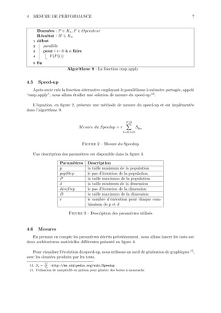 4 MESURE DE PERFORMANCE                                                                           7


          Donn´es : P ∈ Kn , F ∈ Operateur
                e
          R´sultat : B ∈ Kn
           e
      1   d´but
           e
      2      parall`le
                   e
      3      pour i ← 0 ` n faire
                           a
      4          F (P (i))
      5   ﬁn
                         Algorithme 8 : La fonction omp apply


4.5       Speed-up
   Apr`s avoir cr´e la fonction alternative employant le parall´lisme ` m´moire partag´e, appel´
      e          e                                             e      a e             e        e
“omp apply”, nous allons ´tudier une solution de mesure du speed-up 13 .
                           e

   L’´quation, en ﬁgure 2, pr´sente une m´thode de mesure du speed-up et est impl´ment´e
     e                       e           e                                       e    e
dans l’algorithme 9.

                                                                P,D
                                 M esure du Speedup = r                 Spkl
                                                              k=0,l=0



                                   Figure 2 – Mesure du Speedup

   Une description des param`tres est disponible dans la ﬁgure 3.
                            e

                     Param`tres
                            e         Description
                     p                la taille minimum de la population
                     popStep          le pas d’iteration de la population
                     P                la taille maximum de la population
                     d                la taille minimum de la dimension
                     dimStep          le pas d’iteration de la dimension
                     D                la taille maximum de la dimension
                     r                le nombre d’ex´cution pour chaque com-
                                                       e
                                      binaison de p et d

                          Figure 3 – Description des param`tres utilis´s
                                                          e           e


4.6       Mesures
   En prenant en compte les param`tres d´crits pr´c´demment, nous allons lancer les tests sur
                                    e      e       e e
deux architectures mat´rielles diﬀ´rentes pr´sent´ en ﬁgure 4.
                      e           e         e    e

   Pour visualiser l’´volution du speed-up, nous utilisons un outil de g´n´ration de graphiques 15 ,
                     e                                                  e e
avec les donn´es produits par les tests.
             e
               T∗
 13. Sp = T1 : http://en.wikipedia.org/wiki/Speedup
             p
 15. Utilisation de matplotlib en python pour g´n´rer des boites a moustache
                                               e e               `
 