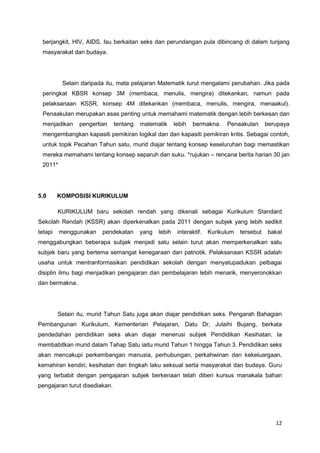  menguasai asas yang kukuh dalam kemahiran mengira dan menggunakannya   dalam menyelesaikan masalah harian;iv.         menguasai kemahiran belajar;<br />v.          menguasai kemahiran berfikir;<br />vi. bertutur, membaca, menulis dan memahami bahasa Inggeris selaras dengan    kedudukannya sebagai bahasa kedua;<br />vii.         memperolehi ilmu pengetahuan dan berusaha menambahnya;<br />viii.        membina daya kepimpinan dan daya keyakinan diri;<br />ix. mempunyai pengetahuan, kefahaman, minat serta kepekaan terhadap   manusia dan alam sekitar;<br />x. menguasai kemahiran sainstifik dan teknikal;<br />xi. memahami, meminati, menikmati dan menyertai aktiviti-aktiviti amal, kesenian dan rekreasi dalam lingkungan kebudayaan nasional;<br />xii.        menjaga kesihatan dan kecergasan diri;<br />xiii. menguasai kemahiran serta membina minat dan sikap yang positif terhadap keusahawanan dan produktiviti;<br />xiv.menguasai kemahiran membaca, menghafaz dan memahami pengertian  ayat-ayat tertentu dalam Al-Quran bagi murid Islam;<br />xv.menyakini asas-asas keimanan, mengerjakan amal ibadat dan mengamalkan akhlak mulia;<br />xvi.       membina semangat patriotisme;<br />xvii.      mengembangkan bakat dan kreativiti; dan<br />xviii.mengamalkan sikap dan perlakuan yang berpandukan nilai murni yang menjadikannya asas bagi amalan hidup.<br />Prinsip KBSR<br />KBSR digubal berlandaskan prinsip-prinsip berikut yang selaras dengan Falsafah Pendidikan Kebangsaan:-<br />i.           Pendekatan Bersepadu;<br />ii.          Perkembangan individu secara menyeluruh;<br />iii.        Pendidikan yang sama untuk semua murid; dan<br />iv.         Pendidikan seumur hidup.<br />v.      murid sekolah rendah lazimnya mudah memperolehi ilmu dan kemahiran melalukukan aktiviti kemahiran dibilik darjah berbanding dengan penglaman hidup mereka, justeru semua aktiviti pembelajaran harus dihubungkaitkan dengan pengalaman hidup mengikut peringkat<br />vi.      suasana kondusif sekolah adalah untuk meberi peluang dan galakkan interaksi sosial , bertukar pendapat dan kerjasama di kalangan murid<br />vii.aktiviti dibilik darjah harus membolehkan murid mengembangkan pemikiran kritis dan kreatif serta melibatkan diri mereka secara aktif dalam proses menguasai kemahiran asas<br />viii.     aktiviti organisasi dan pengurusan bilik darjah perlu fleksibel<br />ix.      penekanan kepada nilai (merentas kurikulum)<br />x.      penguasaan 3M (membaca, menulis dan mengira)<br />xi.penilaian perlu di intergrasikan dalam semua aktiviti pembelajaran dalam bilik darjah  <br />Penekanan<br />Fokus Tahap I<br />i.  Penguasaan kemahiran asas berbahasa<br />(mendengar, bertutur, membaca dan menulis)<br />ii.    Penguasaan nombor dan operasi asas mengira<br />iii.    Mengenal huruf serta membaca, menhafaz dan menghayati ayat-ayat Al-Quran;<br />Menyedari dan memahami norma dan nilai murni masyarakat.Fokus Tahap II<br />i.      Pengukuhan kemahiran asas berbahasa;<br />ii.    Pengukuhan kemahiran asas operasi matematik dan penyelesaian masalah;<br />iii.      Pemerolehan pengetahuan dan kemahiran-kemahiran lain<br />iv.   Kemahiran Belajar serta Kemahiran Berfikir secara Kritis dan Kreatif;<br />v.   Membaca, menghafaz, memahami dan menghayati pengajaran Al-Quran;<br />vi.    Menghayati dan mengamalkan nilai-nilai<br />Struktur  KBSR<br />Struktur KBSR terdiri daripada tiga bidang iaitu:-<br />i.                    Komunikasi;<br />ii.                 Manusia dan Alam Kelilingnya; dan<br />iii.               Perkembangan Diri Individu.<br />Tiga bidang tersebut dibahagi pula kepada enam komponen yang menjadi teras kepada struktur KBSR. Komponen-komponen tersebut ialah:-<br />i.                    Kemahiran Asas;<br />ii.                 Manusia dengan Persekitaran;<br />iii.               Kesenian dan Kesihatan;<br />iv.                Kerohanian, nilai dan sikap<br />v.                  Kemahiran Hidup; dan<br />vi.                Kokurikulum<br /> <br />Bidang Pelajaran<br />BidangKomponenMatapelajaranFasa 1Fasa 2  Komunikasi  Kemahiran AsasBahasa MelayuBahasa InggerisBahasa CinaBahasa Tamil Bahasa MelayuBahasa InggerisBahasa CinaBahasa TamilMatematikMatematik Manusia dan Persekitaran Sikap , Nilai dan SpiritualPendidikan IslamPendidikan MoralPendidikan IslamPendidikan Moral -SainsKajian TempatanPerkembangan Diri Individu Kemahiran HidupSeni dan RiadahKokurikulum-Kemahiran HidupPendidikan MuzikPendidikan MuzikPendidikan SeniPendidikan SeniPendidikan Jasmani dan Pendidikan KesihatanPendidikan Jasmani dan Pendidikan Kesihatan<br />          Dalam struktur KBSR terdapat tiga bidang iaitu:-<br />i.                    Bidang Komunikasi<br />1.                   Bahasa Melayu;<br />2.                 Bahasa Inggeris;<br />3.                 Bahasa Cina;<br />4.                 Bahasa Tamil; dan<br />5.                 Matematik.<br />ii.                 Bidang Manusia dan Alam Kelilingnya<br />1.    Pendidikan Islam;<br />2.    Pendidikan Moral;<br />3.    Sains; dan<br />4.    Kajian Tempatan.<br /> <br />iii.               Bidang Perkembangan Diri Individu<br />1.     Kemahiran Hidup;<br />2.     Pendidikan Muzik;<br />3.     Pendidikan Seni;<br />4.      Pendidikan Jasmani dan Pendidikan Kesihatan<br />  <br />Peruntukan Masa  <br />Mata PelajaranSekolah KebangsaanSekolah Jenis KebangsaanTahap 1Tahap 2Tahap 1Tahap 2Perkara123456123456Bahasa Melayu450450450300300300270270270150150150Bahasa Inggeris240240240210210210  60909090Bahasa Cina/Tamil      450450450300300300Sains   150150150   150150150Matematik210210210210210210210210210210210210Pend. Islam/Moral180180180180180180150150150150150150Pendidikan Seni606060606060606060606060Pendidikan Muzik606060606060606060606060Kemahiran Hidup   606060   606060Kajian Tempatan   120120120   120120120Pend. Jas. & Kes.909090606060909090606060Perhimpunan303030303030303030303030Pilihan Guru Besar303030   303030   JUMLAH135013501350144014401440135013501350144014401440<br /> <br />3.3  MENGAPA STANDARD?<br />Terdapat beberapa sebab dan tujuan standard diwujudkan dalam kurikulum baru ini. Antaranya ialah memastikan semua murid melepasi standard yang ditetapkan. Melalui adanya standard kandungan dan standard pembelajaran , guru dapat mengikuti garis panduan tersebut supaya murid dapat mencapai pembelajaran dengan lebih berkesan. Hal ini, sacara tidak langsung dapat mengatasi keciciran dalam pembelajaran murid di sekolah. Selain itu penetapan ilmu, kemahiran dan nilai yang perlu diukur oleh guru terhadap murid adalah jelas. Perkara ini dapat dilakukan melalui pentaksiran yang akan dibuat kepada murid. Perlaksanaan yang dibuat adalah berasaskan sekolah. Staretegi penambahbaikan ( assessment for learning ) dapat dikenal pasti juga antara tujuan standard ini dibuat. Oleh yang demikian , guru dan murid akan meningkatkan diri masing-masing untuk mencapai lebih daripada yang telah ditetapkan.    <br />4.0PERBANDINGAN KBSR DENGAN KSSR<br />4.1KAEDAH PENTAKSIRAN<br />Menurut Guru Besar Sekolah Kebangsaan (SK) Taman Bukit Maluri, Saadun Kasim yang merupakan Yang Di Pertua Majlis Guru Besar Wilayah Persekutuan Kuala Lumpur, pembaharuan yang diperkenalkan KSSR adalah Sistem Pentaksiran Pendidikan Kebangsaan (SPPK). SPPK bermatlamat untuk mengurangkan tekanan peperiksaan awam, memperkukuh Pentaksiran Berasaskan Sekolah (PBS), memperbaiki pembelajaran murid, pentaksiran holistik dan berterusan serta membina modal insan dengan lebih berkesan. Terdapat lima kaedah pentaksiran yang dilaksanakan melalui SPPK iaitu pentaksiran aktiviti jasmani, sukan dan kokurikulum, pentaksiran sekolah, pentaksiran psikometrik, peperiksaan pusat serta pentaksiran pusat. <br />Di bawah pentaksiran sekolah, setiap sekolah bertanggungjawab melaksanakan sistem pentaksiran sendiri yang dirancang dan diperiksa guru membabitkan murid, ibu bapa dan organisasi luar. Pentaksiran sekolah dibahagikan kepada dua bahagian, iaitu pentaksiran formatif dan pentaksiran sumatif. <br />Pentaksiran formatif membabitkan proses sepanjang pembelajaran murid menggunakan pelbagai kaedah dalam melapor maklumat selain membuat penilaian sama ada bertulis atau verbal mengenai cara meningkatkan pembelajaran murid. Guru tidak dibenar membandingkan murid serta meletakkan skala yang menunjukkan kedudukan mereka seperti digunakan sebelum ini.<br />Pentaksiran sumatif dilakukan pada hujung pembelajaran dengan membuat pertimbangan dan penilaian prestasi murid dalam meneruskan pembelajaran. Maklumat itu dalam bentuk kualitatif atau kuantitatif mengikut standard ditetapkan sekolah.<br />4.2 PERUNTUKAN MASA<br />Berlaku perubahan peruntukan masa kepada beberapa mata pelajaran khususnya Bahasa Malaysia dan Bahasa Inggeris. Hal ini kerana kerajaan telah menggariskan penekanan untuk memartabatkan Bahasa Malaysia dan memperkukuhkan Bahasa Inggeris selaras dengan pemansuhan dasar PPSMI.<br />4.3KANDUNGAN KSSR<br />Terdapat perubahan berlaku pada semua mata pelajaran. Pendidikan seks diajar menerusi Pendidikan Kesihatan di bawah Modul Teras Asas bagi tahap satu. Menurut Datu Dr Julaihi Bujang, Pengarah Bahagian Pembangunan Kurikulum, Kementerian Pelajaran Malaysia, pengetahuan mengenai pendidikan seks hanya mewakili 75 peratus daripada keseluruhan pengisian kurikulum baru subjek berkenaan.<br />Enam tunjang yang menjadi teras pengisian pendidikan seks mencakupi perkembangan manusia, perhubungan, perkahwinan dan kekeluargaan, kemahiran kendiri, kesihatan dan tingkah laku seksual serta masyarakat dan budaya. Enam tunjang ini akan dilaksanankan secara berperingkat bermula Tahun satu sehingga Tahun enam.<br />Menurut beliau lagi, perkembangan manusia mendedahkan murid mengenai pengetahuan sistem reproduktif manusia, perhubungan pula menjurus mengenai kasih sayang dan persahabatan. Murid turut didedahkan mengenai perkahwinan dan kekeluargaan yang merangkumi tanggungjawab sebagai ibu bapa, manakal kebolehan dalam membuat keputusan menjadi pengisian kepada tunjang kemahiran kendiri.<br />Kesihatan dan tingkah laku seksual membicarakan amalan seks sepanjang kehidupan, kaedah mengelakkan hubungan seksual, fantasi, kehamilan, penyakit seksual berjangkit, HIV, AIDS. Isu berkaitan seks dan perundangan pula dibincang di dalam tunjang masyarakat dan budaya.<br />Selain daripada itu, mata pelajaran Matematik turut mengalami perubahan. Jika pada peringkat KBSR konsep 3M (membaca, menulis, mengira) ditekankan, namun pada pelaksanaan KSSR, konsep 4M ditekankan (membaca, menulis, mengira, menaakul). Penaakulan merupakan asas penting untuk memahami matematik dengan lebih berkesan dan menjadikan pengertian tentang matematik lebih bermakna. Penaakulan berupaya mengembangkan kapasiti pemikiran logikal dan dan kapasiti pemikiran kritis. Sebagai contoh, untuk topik Pecahan Tahun satu, murid diajar tentang konsep keseluruhan bagi memastikan mereka memahami tentang konsep separuh dan suku. *rujukan – rencana berita harian 30 jan 2011*<br />5.0KOMPOSISI KURIKULUM<br />KURIKULUM baru sekolah rendah yang dikenali sebagai Kurikulum Standard Sekolah Rendah (KSSR) akan diperkenalkan pada 2011 dengan subjek yang lebih sedikit tetapi menggunakan pendekatan yang lebih interaktif. Kurikulum tersebut bakal menggabungkan beberapa subjek menjadi satu selain turut akan memperkenalkan satu subjek baru yang bertema semangat kenegaraan dan patriotik. Pelaksanaan KSSR adalah usaha untuk mentranformasikan pendidikan sekolah dengan menyatupadukan pelbagai disiplin ilmu bagi menjadikan pengajaran dan pembelajaran lebih menarik, menyeronokkan dan bermakna. <br />Selain itu, murid Tahun Satu juga akan diajar pendidikan seks. Pengarah Bahagian Pembangunan Kurikulum, Kementerian Pelajaran, Datu Dr, Julaihi Bujang, berkata pendedahan pendidikan seks akan diajar menerusi subjek Pendidikan Kesihatan. Ia membabitkan murid dalam Tahap Satu iaitu murid Tahun 1 hingga Tahun 3. Pendidikan seks akan mencakupi perkembangan manusia, perhubungan, perkahwinan dan kekeluargaan, kemahiran kendiri, kesihatan dan tingkah laku seksual serta masyarakat dan budaya. Guru yang terbabit dengan pengajaran subjek berkenaan telah diberi kursus manakala bahan pengajaran turut disediakan.<br />Mata pelajaran Dunia Sains dan Teknologi  akan memberi pendedahan kemahiran teknologi maklumat dan komunikasi (ICT) secara praktikal atau `hands-on’. 2. Murid Tahun Satu akan mempelajari asas sains hayat, sains fizikal dan sains bahan yang diberi penilaian berasaskan sekolah melalui kaedah pemerhatian secara berterusan serta pelbagai pendekatan meliputi secara bertulis dan projek ditentukan guru. Murid akan mempelajari Microsoft Word, diikuti Microsoft Power Point dan Painting. Penguasaan kemahiran ICT ini tidak akan dinilai sebagai subjek peperiksaan, sebaliknya didedahkan kepada murid Tahun Satu sebagai menyuntik nilai tambah dari segi kreativiti dan inovasi. Sains hayat akan mendedahkan murid Tahun Satu kepada pembelajaran objek hidup seperti manusia, haiwan dan tumbuh-tumbuhan, manakala sains fizikal berkaitan semua jenis deria, dan sains bahan pula membabitkan teknologi serta kehidupan lestari yang merangkumi cipta bahan dan reka bentuk.  Pengajaran subjek Dunia Sains dan Teknologi untuk murid Tahun Satu ini membabitkan dua waktu seminggu di mana mereka akan banyak terdedah kepada proses pembelajaran menyeronokkan menerusi kaedah inkuiri, iaitu secara dapatan dan penemuan menarik.<br />Komposisi Kurikulum Standard Sekolah Rendah terdiri daripada Modul Teras Asas, Modul Teras Tema dan Modul Elektif. (Rujuk Lampiran ). Pembahagian masa juga bertambah daripada 1350 dalam KBSR kepada 1380 dalam KSSR. <br />Modul Teras Asas terdiri daripada subjek asas seperti Bahasa Melayu, Bahasa Inggeris, Bahasa Cina dan Bahasa Tamil (SJKC dan SJKT), Pendidikan Islam, Pendidikan Moral, Pendidikan Jasmani, Pendidikan Kesihatan dan Matematik. <br />Modul Teras Tema pula terdiri daripada subjek Dunia Sains dan Teknologi, Dunia Seni Visual dan Dunia Muzik. <br />Modul Elektif pula terdiri daripada bahasa pilihan seperti Bahasa Arab, Bahasa Cina Sekolah Rendah, Bahasa Tamil Sekolah Rendah, Bahasa Iban dan Bahasa Kadazandusun. Peruntukan masa pengajaran bagi modul elektif adalah sebanyak 90 minit (3 waktu) yang dimasukkan dalam jadual persekolahan. Sekolah perlu melaksanakan sekurang-kurangnya satu bahasa dalam Modul Elektif mengukit kesediaan sekolah dalam aspek penyediaan guru, permintaan daripada murid serta prasarana sekolah. Sekiranya sekolah tidak dapat menjalankan Modul Elektif kerana kekurangan prasarana, mereka boleh membuat pilihan untuk melaksanakan satu atau kombinasi mata pelajaran daripada Bahasa Melayu, Bahasa Inggeris, Matematik serta Dunia Sains dan Teknologi. Contoh kombinasi mata pelajaran ialah dengan menjalankan pengajaran Bahasa Melayu selama 60 minit dan Bahasa Inggeris selama 30 minit. Pemilihan subjek atau kombinasi subjek bergantung kepada kesediaan dan keupayaan sekolah. <br />Bagi Tahap Dua pula, akan dilaksanakan pada tahun 2014. Antara subjek yang bakal diperkenalkan ialah Reka Bentuk dan Teknologi Maklumat dan Sejarah. Manakala subjek sedia ada termasuklah Bahasa Melayu, Bahasa Inggeris, Bahasa Cina dan Bahasa Tamil (SJKC dan SJKT), Pendidikan Kesihatan, Pendidikan Jasmani, Matematik, Sains, Pendidikan Islam dan Pendidikan Moral.<br />6.0 BAHAN KURIKULUM<br />Bahan kurikulum yang digunakan dalam melaksanakan KSSR terbahagi kepada tiga iaitu dokumen standard, modul pengajaran dan modul pembelajaran.<br />Dokumen standard ialah bahan kurikulum utama yang digunakan dalam pengajaran dan pembelajaran. Guru menggunakan dokumen standard ini untuk merancang rancangan pengajaran mereka. Standard kandungan dan standard pembelajaran adalah elemen utama yang terdapat dalam dokumen standard. <br />Standard kandungan adalah kenyataan umum tentang domain kognitif (pengetahuan)dan efektif (sikap dan nilai) yang boleh dicapai oleh murid. Standard pembelajaran pula ialah kenyataan khusus kepda murid agar mereka tahu dan boleh melakukan dari segi konsep dan pengetahuan. Keupayaan melakukan sesuatu membolehkan  murid mendapat pengetahuan, kemahiran dan nilai dalam bentuk yang boleh diukur. <br />Sebagai contoh dalam mata pelajaran Matematik , guru membimbing pelajar dalam menamakan dan menentukan nilai dalam topik Nombor Bulat 0 hingga 100 yang merupakan standard kandungan magi topic ini. Manakala standard pembelajaran yang perlu dicapai oleh pelajar ialah dapat menamakan nombor hingga 100.<br />Menurut Kamus Dewan Edisi Ketiga (1994), modul didefinisikan sebagai unit atau bahagian tersendiri yang lengkap dengan komponen yang melaksanakanfungsi tertentu dan dapat dirangkaian dengan unit-unit lain di dalam sesuatu yang lebih besar. Selain itu, modul juga merupakan kursus pengajaran (latihan dan seumpamanya) yang dapat dilaksanakan secara tersendiri ke arah pencapaian sesuatu kelayakan atau kemahiran. Malihat kepada dua definisi ini, kita boleh mentakrifkan modul sebagai suatu bahan pengajaran yang lengkap dengan isi pelajaran khas yang telah dirancang dan merangkumi soalan-soalan sama ada objektif atau subjektif bagi menguji tahap pemahaman pelajar supaya mereka dapat mencapai kemahiran-kemahiran tertentu yang dikehendaki.<br />Modul pengajaran adalah dokumen yang digunakan oleh guru untuk menyampaikan pengajaran manakala modul pembelajaran pula dugunakan oleh murid untuk mengukuhkan lagi pemahaman terhadap sesuatu isi pembelajaran. <br />7.0 DOKUMEN KURIKULUM<br />Dokumen kurikulum pula terdiri daripada bahan kurikulum dan juga bahan sokongan. Bahan kurikulum adalah dokumen standard yang digunakan dalam pengajaran dan pembelajaran. Setiap subjek yang ditawarkan dalam KSSR mempunyai dokumen standard yang khusus.<br />Bahan sokongan pula terdiri daripada buku teks, modul pengajaran dan pembelajaran serta buku panduan untuk guru. <br />8.0 PENTAKSIRAN<br />Pentaksiran Sekolah ialah proses mengumpul maklumat yang autentik dan boleh diharap oleh guru secara formatif dan sumatif. Pentaksiran secara formatif adalah bertujuan untuk memperbaiki pembelajaran (assessment for learning) manakala pentaksiran secara sumatif adalah untuk menilai tentang sejauh mana murid telah menguasai apa yang dipelajari (assessment of learning). Dalam Kurikulum Standard Sekolah Rendah (KSSR), pentaksiran formatif berasaskan sekolah dijalankan secara berterusan untuk mengesan perkembangan dan pencapaian murid dalam pembelajaran. Pentaksiran ini menggunakan pelbagai kaedah pentaksiran pelbagai serta bersifat autaentik dan holistik. <br />Proses Pentaksiran Sekolah melibatkan aktiviti-aktiviti seperti mengumpul maklumat yang autentik dan boleh diharap (dependable) tentang prestasi murid secara berterusan (ongoing) berdasarkan pernyataan kriteria yang jelas dipanggil standard prestasi (performance standard) serta penggunaan pelbagai kaedah, alat, teknik dan konteks. Guru membuat penilaian dan melaporkan secara verbal atau bertulis tentang prestasi, potensi, pencapaian dan keperluan murid.<br />Pentaksiran yang berkesan membolehkan murid berusaha ke arah yang sejajar dengan kriteria yang telah diketahui dan difahami lebih awal. Murid dapat menganalisa pembelajaran dan mengetahui perkara yang perlu diperbaiki dan belajar dengan kaedah tersendiri. Selain itu, murid dapat mensíntesis dan mengaplikasi pembelajaran selain daripada mengingati fakta. Murid akan lebih bertanggungjawab dalam pembelajaran, dapat melalui proses pembelajaran dengan berjaya serta berupaya bersaing di tahap yang lebih tinggi. <br />Pentaksiran formatif untuk pembelajaran merujuk kepada semua aktiviti dan tugasan yang diberikan kepada murid untuk membolehkan guru menilai perkembangan dan masalah pembelajaran murid. Oleh itu, maklumat yang diperoleh berupaya memantau dan membantu proses pembelajaran. Maklumat tersebut diguna sebagai maklum balas dalam  mengubahsuai aktiviti pengajaran dan pembelajaran bagi memenuhi keperluan semua murid. Keperluan setiap murid berbeza antara satu sama lain.<br />Guru juga boleh mengetahui keperluan murid melalui pelbagai kaedah seperti pencerapan, perbincangan dalam kelas atau kerja bertulis, sama ada kerja rumah atau tugasan dalam kelas.  Pentaksiran kendiri dan rakan sebaya juga boleh digunakan dengan berkesan untuk menyokong pentaksiran untuk  pembelajaran.<br />Pentaksiran untuk pembelajaran boleh menjadi alat yang sangat berkesan untuk membantu semua murid sekiranya maklumbalas disampaikan kepada murid dengan cara yang betul. Maklumbalas  tidak sepatutnya mengandungi pernyataan perbandingan antara murid tentang kebolehan, kedudukan atau persaingan. Maklumbalas perlu mengandungi elemen-elemen seperti kedudukan murid dalam pembelajaran merujuk kepada standard prestasi yang ditetapkan, tahap pembelajaran yang diharapkan dan maklumat untuk merapatkan jurang antara kedudukan sedia ada dan tahap pembelajaran yang diharapkan.<br />Pentaksiran untuk pembelajaran memberi tumpuan terhadap analisis, perkembangan pembelajaran murid dan maklumbalas,  bukan semata-mata merekod skor. Oleh itu, pelaporan bertulis tidak perlu dibuat secara berkala sebaliknya, guru mestilah mampu memberinya secara bertulis atau verbal apabila dikehendaki pada bila-bila masa oleh mana-mana pihak berkepentingan seperti ibu bapa, guru besar atau nazir.   <br />Pentaksiran yang adil tidak perlu dibimbangi kesahan dan kebolehpercayaannya kerana ia mempunyai keautentikan dan keboleharapan yang tinggi bergantung kepada kualiti dan kejelasan kriteria penskoran dan pemahaman kriteria tersebut.  Sesuatu instrumen yang secara umumnya digunakan dengan baik untuk menyenaraikan dan memperluaskan kriteria penskoran sering dirujuk sebagai rubrik. Rubrik memberikan penerangan tentang ciri-ciri kerja murid dengan jelas.<br />Pentaksiran adalah sebahagian daripada strategi pengajaran dan pembelajaran dan bukannya tugas tambahan. Pengajaran, pembelajaran dan pentaksiran tidak boleh dipisahkan dan tidak boleh dilihat atau diguna secara berasingan atau bersendirian. Tujuan utama pentaksiran bukan hanya untuk membuat keputusan, tetapi memberi sokongan dan mekanisma yang positif bagi membantu murid untuk membaiki atau meningkatkan pembelajaran; bagi guru membaiki pengajaran dan secara keseluruhan, menyumbang kepada keberkesanan program. <br />Antara kaedah pengumpulan eviden pentaksiran sekolah ialah melalui kaedah pencerapan. Pentaksiran melalui cerapan biasanya kurang berstruktur (terancang) dan selalunya dilakukan untuk menilai interaksi murid antara satu sama lain dalam tugasan untuk mendapatkan hasil penyelesaian yang umum. Pencerapan perlu mempunyai tujuan dan dijalankan dengan menggunakan suatu instrumen cerapan yang bersesuaian untuk mengurangkan penyimpanan rekod, seperti senarai semak dan skala pengadaran (rating scale) yang hanya memerlukan sedikit catatan dan masa untuk merekod. <br />Pentaksiran melalui ujian lebih berstruktur dan tegar.  Ia membolehkan guru mengumpul eviden yang sama bagi semua murid dengan cara dan masa yang sama. Pentaksiran ini mengemukakan eviden tentang pembelajaran berpandukan kepada skor. Sekiranya digunakan dengan betul, ujian dan peperiksaan adalah sebahagian daripada kurikulum yang penting kerana ia memberikan eviden yang baik tentang apa yang telah dipelajari. Ujian boleh dilaksanakan secara manual seperti kertas-pensil, papan tulis dan lisan atau berbantukan komputer secara online atau offline. <br />Tugasan atau pentaksiran prestasi kurang berstruktur (berbanding dengan ujian) dan melibatkan tugasan yang menilai aspek pengetahuan, kemahiran dan sikap murid dalam pelbagai situasi dan konteks yang sebenar. Pentaksiran prestasi meliputi komponen praktikal sesuatu mata pelajaran dengan menentukan bagaimana murid menggabungkan teori dalam amalan. Ia merupakan pentaksiran yang autentik kerana murid mempunyai gaya yang tersendiri untuk belajar. Antara contoh ialah projek, pameran, penyampaian visual dan lisan, debat, simulasi komputer dan persembahan. <br />Pentaksiran kendiri memerlukan perhatian khusus daripada guru kerana mungkin ramai murid memerlukan bantuan mempelajari bagaimana untuk menilai kemahiran akademik dan prestasi dengan tepat. Murid perlu dimaklumkan tentang kriteria tugas khusus untuk prestasi (pentaksiran rujukan kriteria). Murid juga mungkin memerlukan bantuan dalam mempelajari bagaimana untuk menyimpan rekod dan memgulas ringkasan kerja. Refleksi ke atas pembelajaran seseorang adalah komponen yang amat penting dalam pembelajaran. <br />Pentaksiran rakan sebaya, menggunakan senarai semak atau rubrik, membantu murid sama ada yang ditaksir atau yang  mentaksir. Perkongsian kriteria untuk pentaksiran memberi kuasa kepada murid untuk menilai prestasi mereka sendiri dan juga rakan mereka. Kebolehan untuk bekerja bersama rakan lain dalam satu kumpulan dengan berkesan adalah satu daripada hasil kritis.<br />Pentaksiran kerja berkumpulan memberi eviden daripada aspek  kerjasama, bantu membantu, pengagihan kerja dan sumbangan setiap individu melalui satu produk. Pentaksiran kerja berkumpulan dinilai melalui proses selain daripada produk atau hasil kerja. Ia melibatkan pentaksiran kemahiran sosial, pengurusan masa dan kedinamikan kumpulan, selain daripada hasil kerja kumpulan.<br />Modul pengaran dalam KSSR mengandungi cadangan aktiviti pemulihan dan pengayaan kepada murid. Pemulihan adalah sesuatu usaha untuk membaiki sesuatu kekurangan atau membetulkan sesuatu yang tidak betul. Tujuan pemulihan adalah untuk membantu murid lemah mencapai objektif pembelajaran yang belum dicapai dalam pelajaran lalu dan untuk membantu murid dalam mengembangkan diri dan menunjukkan potensi mereka. <br />Dalam aktiviti pemulihan, guru boleh menjalankan program bacaan tambahan dengan menggalakkan murid membuat bacaan meluas dengan pelbagai rujukan daripada buku dan internet. Guru boleh memberi bahan bacaan yang sejajar dengan perkembangan kognitif murid bertujuan untuk meningkatkan pengetahuan dan kemahiran murid dalam kelas. Selain itu, guru boleh menggalakkan murid membuat kerja projek yang dijalankan secara individu atau berkumpulan contohnya aktiviti yang meminta murid untuk membuat sesuatu hasilan atau menyelesaikan masalah mudah. Ia bertujuan untuk menggalakkan murid-murid untuk berfikir menyelesaikan masalah. <br />Pengayaan ialah proses di mana aktiviti-aktiviti tambahan yang mempunyai aras kesukaran yang lebih tinggi daripada aras aktiviti-aktiviti pembelajaran yang dijalankan dalam bilik darjah. Tujuannya ialah untuk memperkembangkan kemahiran-kemahiran yang sedia ada pada murid di samping membekalkan peluang tambahan untuk mengembangkan lagi daya kreatif, minat, sifat ingin tahu, sikap berdikari dan bakat kepimpinan murid-murid dalam pelbagai bidang. Aktiviti pengayaan menyediakan murid untuk memperkembangkan potensi ke tahap maksima. Ia dijalankan secara tidak formal dan tidak dimasukkan dalam jadual waktu tetap sekolah. Bimbingan guru adalah pada tahap minima kerana aktiviti pengayaan bercorak belajar kendiri. <br />9.0 KESIMPULAN<br />Kurikulum Standard Sekolah Rendah (KSSR) mendukung cita-cita murni dan unggul dengan semangat Falsafah Pendidikan Kebangsaan dan Dasar Pendidikan Kebangsaan bertujuan melahirkan murid yang seimbang serta berkembang secara menyeluruh dari segi intelek, rohani, emosi dan jasmani serta menyediakan mereka untuk menghadapi arus globalisasi serta ekonomi berasaskan pengetahuan pada abad ke-21. <br />Kejayaan transformasi kurikulum memerlukan komitmen menyeluruh daripada semua pihak termasuklah pembuat dasar, pelaksana, pengurus kurikulum, ibu bapa seta pihak berkepentingan. Hal ini kerana, kurikulum baru ini tidak akan memberi impak yang positif jika pihak-pihak tersebut tidak bekerjasama. Kementerian Pelajaran Malaysia secara berterusan menyemak kurikulum bagi memastikan pelaksanaan kurikulum di sekolah melengkapkan murid dengan pengetahuan, kemahiran dan nilai untuk menghadapi cabaran semasa dan masa depan.<br />10.0 REFLEKSI<br />NAMA:  SITI ZAFIRAH BINTI AHMAD ZUKRI<br />Menerusi pembentangan kumpulan saya pada minggu ini, saya memperoleh banyak maklumat penting tentang perubahan kurikulum yang digubal kerajaan. Setiap soalan yang diajukan membuka minda dan pemikiran supaya saya mendapat lebin maklumat tentang sebab berlakunya transformasi itu. Walaubagaimanapun, terdapat juga perkara-perkara dan persoalan-persoalan yang tidak dapat dijelaskan dengan tepat kerana kekurangan sumber. Seperti yang kita tahu, KSSR adalah masalah baru kurikulum bagi tahun ini. Jadi sumber rujukan yang kami peroleh juga terhad kerana hanya bergantung kepada internet, akhbar serta beberapa responden yang terlibat secara langsung dengan pelaksanaan KSSR. Jadi persoalan-persoalan yang diutarakan agak sukar untuk dijawab. <br />Walaubagaimanapun, kami dapat melakukan pembentangan yang agak lengkap walaupun sumber adalah terhad. Dokumen-dokumen yang diperoleh dalam laman web Kementerian Pelajaran Malaysia banyak membantu kami menerangkan dengan lebih mendalam tentang KSSR. Tetapi keberkesanan KSSR tidak dapat dijelaskan dengan lebih lanjut memandangkan transformasi kurikulum ini baru berjalan selama 2 bulan. Maka kami tidak dapat memberi bukti keberkesanan perubahan kurikulum tersebut. <br />Saya berpendapat bahawa KSSR adalah lebih baik dijalankan sejajar dengan peubahan arus dan permodenan zaman. Kita perlu bergerak maju ke hadapan dan tidak hanya bergantung pada kurikulum sedia ada kerana manusia akan berubah dari segi pemikiran dan sosial. Sekiranya tiada perubahan yang dibuat maka kita tidak akan dapat mengatasi masalah pelajar-pelajar yang semakin meruncing saban hari dalam pelajaran mahupun dalam aktiviti sosial. Transformasi kurikulum yang digubal oleh kerajaan diarap dapat membentuk pelajar yang berketrampilan, bersahsial serta berilmu dalam menyumbang tenaga mereka kepada Negara suatu hari nanti. <br />Saya berharap agar perubahan kurikulum yang digubal kerajaan memberi impak positif kepada semua pihak terutama kepada pelajar dan tidak akan membebankan sesetengah pihak untuk melaksanakan perkara tersebut.<br />NAMA: NUR ILLYA AMEERA BINTI MUAHMAD<br />Hari ini merupakan pembentangan kumpulan kami. Saya berasa sungguh gementar untuk membentangkan topik ini. Jam sudah menunjukkan hampir jam 8 pagi, namun masih belum ramai rakan-rakan yang tiba. 5 minit selepas jam 8 pagi, Dr Lim tiba di kelas. Kami memulakan pembentangan setelah Dr Lim mengizinkan. Walaupun saya sudah menyediakan bahan yang agak banyak, namun perasaan gementar tetap ada. Hal ini kerana seperti yang diketahui, Dr Lim merupakan seorang yang suka bertanyakan soalan yang kritis.<br />Sesi pembentangan kami berjalan dengan lancar. Kami berjaya menjawab kebanyakan soalan yang ditujukan oleh Dr Lim serta sahabat yang lain. Perkara yang menarik adalah apabila Dr Lim mengatakan bahawa kebanyakan guru tidak memahami konsep sebenar dalam mata pelajaran yang mereka ajar. Selain itu, Dr Lim menggalakkan untuk bertanya soalan yang bagus. Hal ini kerana, dengan soalan yang bagus, murid akan belajar dengan lebih berkesan. <br />Selain itu, Dr Lim serta rakan-rakan yang lain bertanya kepada kumpulan kami, mengenai perbezaan KBSR dengan KSSR. Apabila saya menyentuh aspek isi kandungan, Dr Lim terus mengatakan adakah wajar KSSR diperkenalkan sedangkan masalah KBSR masih belum dapat diselesaikan. Sejujurnya, saya kurang yakin dengan pelaksanaan KSSR kerana berdasarkan perbualan saya dengan kebanyakan guru sekolah rendah, mereka agak kurang senang dengan pembaharuan ini. Satu lagi perkara menarik yang dapat saya kutip semasa sesi pembentangan adalah apabila Dr Lim mengatakan mengapa digunakan perkataan standard itu? Perkataan standard itu seolah-olah ingin memperniagakan manusia seperti dalam bidang pemasaran. Hal ini tidak sewajarnya terjadi kerana bekerja dengan manusia adalah sama sekali tidak seperti bekerja dengan bahan.<br />Selain itu, apabila disentuh mengenai kurikulum di UPSI sendiri, kebanyakan daripda kami tidak mengetahui mengapa perlu belajar tentang pelajaran yang mempunyai aras yang tinggi sedangkan perkara ini tidak akan diajar kepada murid-murid di sekolah nanti.  Adalah lebih wajar sekiranya kurikulum di UPSI lebih mementingkan tentang konsep sebenar yang akan diajar di sekolah nanti.<br />Sesi pembentangan kami diakhiri dengan perbincangan yang sungguh menarik.<br />NAMA: NUR HAFIZAH BINTI ABDUL HALIM<br />Kurikulum Standard Sekolah Rendah ( KSSR ) merupakan tajuk kumpulan kami untuk subjek Trend dan Isu dalam Matematik  (SME 3023 ) yang diajar oleh pensyarah kami iaitu Dr. Lim Chong Hin. Pada pendapat saya , pembentangan untuk seubjek ini sangat berbeza dengan pembentangan yang pernah saya lalui sepanjang saya belajar. Bermula dengan persediaan sebelum pembentangan perlu dirancang dengan teliti dan rapi. Maklumat tentang tajuk yang diberi perlulah dikuasai dengan selengkapnya. Pengolahan tajuk juga memainkan peranan yang penting supaya apa yang akan disampaikan adalah lebih berkesan.<br />Kumpulan kami terdiri daripada Ilya , saya dan Zafirah . Saya akan membentang salah satu bahagian yang penting dalam KSSR iaitu transformsai kurikulum , perbezaan Kurikulum Bersepadu Sekolah Rendah  (KBSR )  dengan KSSR dan mengapa standard. Pelajar-pelajar dalam kelas sangat berkeinginan untuk mengetahui transformasi kurikulum ini yang baru sahaja diperkenalkan pada tahun 2011 kepada pelajar sekolah rendah Tahun 1. Mengapa perlu ada tranformasi pada kurikulum yang sedia ada?<br />Pada kali ini Dr. Lim telah membuka pemikiran kami tentang kadang-kadang sesuatu yang dilakukan supaya perkara itu diterima ialah dengan penggunaan perkataan yang moden tetapi sama maksudnya. Sebagai contoh , tranformasi digunakan dan membawa maksud perubahan. Oleh yang demikian , sebelum sesuatu perkara itu diterima kita hendaklah memikirkan mengapa transformasi kurikulum ini dibuat, adakah terdapat masalah dengan dengan kurikulum sebelumnya dan adakah langkah mengatasi masalah tersebut telah diambil tindakan. Kita seharusya bijak dalam mebuat penilaian dan bukan sahaja menerima secara terus tanpa berfikir tentang perubahan yang berlaku.<br />Sesuatu perindustrian biasanya akan ada satu standard yang perlu dicapai. Sebagai contoh, dalam pembuatan kereta Proton akan ada standard dalam pemasangan bahagian-bahagian kereta yang perlu dicapai. Begitu juga dalam KSSR , yang mana pihak kementerian ingin mewujudakan satu standard yang perlu pelajar dicapai dalam sesi pembelajaran terutamanya dalam sudut kandungan mata pelajaran. Persoalan yang timbul ialah apakah sesuai dan implikasi standard seperti diaplikasikan dalam pendidikan.  <br />Melalui sesi pembentangan ini juga, kami turut mengaitkan dengan isu-isu pendidkan yang lain. Antara isu yang dibincangkan ialah subjek-subjek yang diambil oleh mahasiswa di Universiti Pendidikan Sultan Idris  sendiri . Apabila Dr. Lim menunjukkan konsep asas pecahan kepada kami , saya telah bertanyakan soalan iaitu kami tidak diajar tentang perkara tersebut malah kami mengambil subjek-subjek yang kami merasakan tiada mengena untuk diajar di sekolah nanti. Oleh itu, kami akan menghadapi masalah dalam pengajaran nanti yang mana daripada sudut penguasaan kandungan mata pelajaran yang ingin diajar adalah kurang.<br />Perkara yang penting yang kami belajar dalam subjek ini ialah kepentingan berfikir sesuatu perkara. Pensyarah kami begitu menekankan perkara ini termasuk dalam sesi pembentangan kami. Banyak perkara baru yang kami peroleh sepanjang sesi pembentangan kami terutama sebagai persediaan untuk menjadi seorang guru kelak. <br />11.0LAMPIRAN<br />KOMPOSISI KURIKULUM SEKOLAH RENDAH TAHAP I<br />BILMATA PELAJARANMODUL TERAS ASAS1BAHASA MALAYSIA2BAHASA INGGERIS3BAHASA CINABAHASA TAMIL4PENDIDIKAN ISLAMPENDIDIKAN MORAL5PENDIDIKAN JASMANI & PENDIDIKAN KESIHATAN6MATEMATIKMODUL TERAS TEMA7DUNIA SAINS DAN TEKNOLOGISENI VISUAL DAN MUZIKMALAYSIA NEGARAKU8MODUL ELEKTIFBCSK/BTSK/B.ARAB9PERHIMPUNAN<br />KOMPOSISI KURIKULUM SEKOLAH RENDAH TAHAP II<br />BILMATA PELAJARAN1BAHASA MALAYSIA2BAHASA INGGERIS3BAHASA CINABAHASA TAMIL4PENDIDIKAN ISLAMPENDIDIKAN MORAL5PENDIDIKAN JASMANI & PENDIDIKAN KESIHATAN6MATEMATIK7SAINS8P.MUZIK/P.SENI VISUAL9SEJARAH/MALAYSIA NEGARAKU10REKA BENTUK & TEKNOLOGI11MATA PELAJARAN ELEKTIFBCSK/BTSK/B.ARAB/B.KADAZANDUSUN/B.SEMAI/B.IBAN12PERHIMPUNAN<br />BBILMODULMASA DALAM SEMINGGUSKSJKCSJKTMODUL TERAS ASAS1BAHASA MALAYSIA3603003002BAHASA INGGERIS3001501503BAHASA CINA-360-BAHASA TAMIL--3604PENDIDIKAN ISLAM/PENDIDIKAN MORAL1801201205PENDIDIKAN JASMANI6060606PENDIDIKAN KESIHATAN3030307MATEMATIK180180180MODUL TERAS TEMA8DUNIA KESENIANDUNIA SENI VISUAL303030DUNIA MUZIK3030309DUNIA SAINS DAN TEKNOLOGI606060MODUL ELEKTIF1B.ARAB/BCSK/BTSK/B.IBAN/ B.KADAZANDUSUN90--PERHIMPUNAN303030JUMLAH138013801380<br />11.0 RUJUKAN<br />Khairul Hazman Taha (Januari 11, 2011). Panduan Melaksanakan Modul Elektif di SK. Diperoleh pada Januari 26, 2011 daripada http://www.akademikpahang.edu.my/v3/berita-semasa-2009/panduan-melaksanakan-modul-elektif-di-sk.html<br />Khairina Yasin (November 30, 2010), Berita Harian: 500,000 murid Tahun Satu sesi 2011 diajar pendidikan seks. Diperoleh pada Januari 26, 2011 daripada http://www.bharian.com.my/bharian/articles/500_000muridTahunSatusesi2011diajarpendidikanseks/Article/<br />Mohd. Fadzly Mohd. Izab (May 25, 2010). Kurikulum baru sekolah rendah dikenali sebagai Kurikulum Standard Sekolah Rendah (KSSR) akan diperkenalkan pada 2011. Diperoleh pada Februari 3, 2011 daripada http://www.stsaraswathy.net/index.php/blog-layout/39-frontpage/127-info-sekolah<br />Puan Lela (2008). Peperiksaan Vs Pentaksiran. Diperoleh pada Januari 26, 2011 daripada http://pengajianam900.forumotion.com/t31-peperiksaan-vs-pentaksiran<br />Penilaian Kendalian Sekolah Rendah(PKSR) : Pemulihan, Pengayaan dan Pendidikan Inklusif. Diperoleh pada Februari 2, 2011 daripada http://www.scribd.com/doc/14586713/Penilaian-Kendalian-Sekolah-Rendah-PKSR-Pemulihan-Pengayaan-Dan-Pendidikan-Inklusif<br />