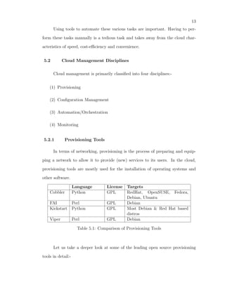13
      Using tools to automate these various tasks are important. Having to per-

form these tasks manually is a tedious task and takes away from the cloud char-

acteristics of speed, cost-eﬃciency and convenience.


5.2         Cloud Management Disciplines

      Cloud management is primarily classiﬁed into four disciplines:-


    (1) Provisioning

    (2) Conﬁguration Management

    (3) Automation/Orchestration

    (4) Monitoring


5.2.1         Provisioning Tools

      In terms of networking, provisioning is the process of preparing and equip-

ping a network to allow it to provide (new) services to its users. In the cloud,

provisioning tools are mostly used for the installation of operating systems and

other software.

                    Language         License Targets
    Cobbler         Python           GPL     RedHat, OpenSUSE, Fedora,
                                             Debian, Ubuntu
    FAI       Perl                   GPL     Debian
    Kickstart Python                 GPL     Most Debian & Red Hat based
                                             distros
    Viper           Perl             GPL     Debian

                      Table 5.1: Comparison of Provisioning Tools



      Let us take a deeper look at some of the leading open source provisioning

tools in detail:-
 