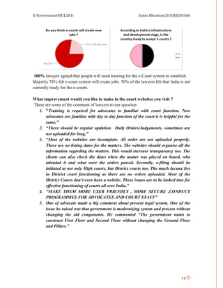 E-Governance(HUL291)                                         Indra Bhushan(2010EE50548)




 100% lawyers agreed that people will need training for the e-Court system to establish.
Majority 78% felt e-court system will create jobs. 50% of the lawyers felt that India is not
currently ready for the e-courts.

What improvement would you like to make in the court websites you visit ?
These are some of the comment of lawyers to our question:
  1. "Training is required for advocates to familiar with court function. New
      advocates are familiar with day to day function of the court it is helpful for the
      same."
  2. “There should be regular updation. Daily Orders/Judgements, sometimes are
      not uploaded for long.”
  3. “Most of the websites are incomplete. All order are not uploaded properly.
      There are no listing dates for the matters. The websites should organise all the
      information regarding the matters. This would increase transparency too. The
      clients can also check the dates when the matter was placed on board, who
      attended it and what were the orders passed. Secondly, e-filing should be
      initiated at not only High courts, but District courts too. The much lacuna lies
      in District court functioning as there are no orders uploaded. Most of the
      District Courts don’t even have a website. These issues are to be looked into for
      effective functioning of courts all over India.”
  4. "MAKE THEM MORE USER FRIENDLY , MORE SECURE ,CONDUCT
      PROGRAMMES FOR ADVOCATES AND COURT STAFF"
  5. One of advocate made a big comment about present legal system. One of the
      issue he raised was that government is modernizing system and process without
      changing the old components. He commented “The government wants to
      construct First Floor and Second Floor without changing the Ground Floor
      and Pillars.”




                                                                                      14
 