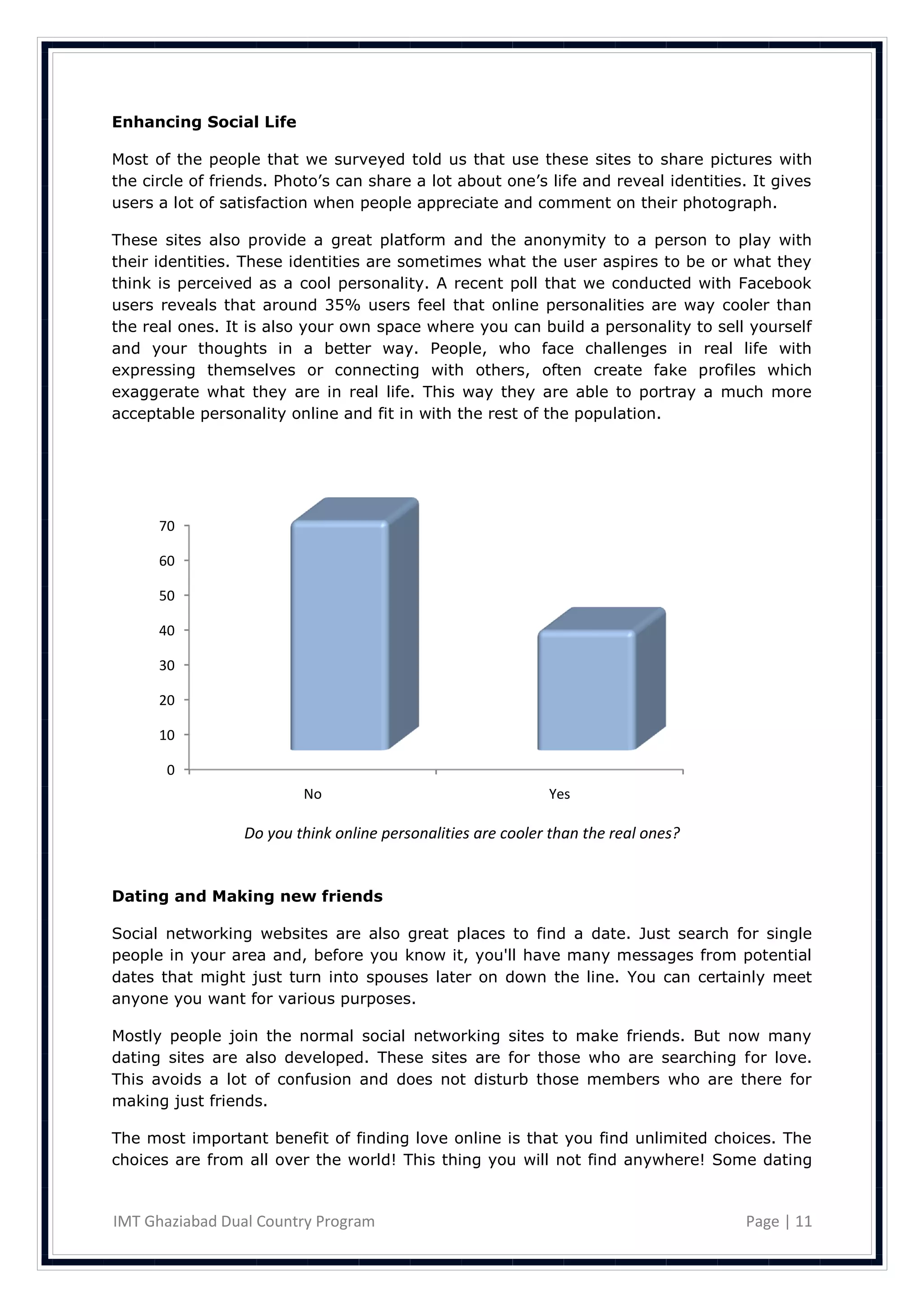 Enhancing Social Life

Most of the people that we surveyed told us that use these sites to share pictures with
the circle of friends. Photo‘s can share a lot about one‘s life and reveal identities. It gives
users a lot of satisfaction when people appreciate and comment on their photograph.

These sites also provide a great platform and the anonymity to a person to play with
their identities. These identities are sometimes what the user aspires to be or what they
think is perceived as a cool personality. A recent poll that we conducted with Facebook
users reveals that around 35% users feel that online personalities are way cooler than
the real ones. It is also your own space where you can build a personality to sell yourself
and your thoughts in a better way. People, who face challenges in real life with
expressing themselves or connecting with others, often create fake profiles which
exaggerate what they are in real life. This way they are able to portray a much more
acceptable personality online and fit in with the rest of the population.




      70

      60

      50

      40

      30

      20

      10

       0
                          No                                 Yes

                 Do you think online personalities are cooler than the real ones?


Dating and Making new friends

Social networking websites are also great places to find a date. Just search for single
people in your area and, before you know it, you'll have many messages from potential
dates that might just turn into spouses later on down the line. You can certainly meet
anyone you want for various purposes.

Mostly people join the normal social networking sites to make friends. But now many
dating sites are also developed. These sites are for those who are searching for love.
This avoids a lot of confusion and does not disturb those members who are there for
making just friends.

The most important benefit of finding love online is that you find unlimited choices. The
choices are from all over the world! This thing you will not find anywhere! Some dating


IMT Ghaziabad Dual Country Program                                                    Page | 11
 