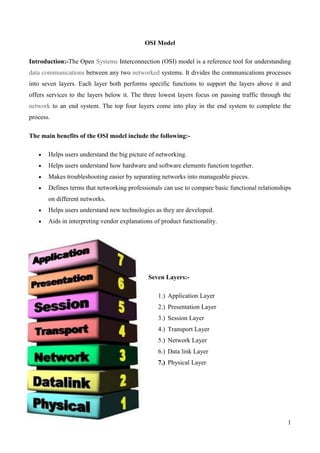 OSI Model

Introduction:-The Open Systems Interconnection (OSI) model is a reference tool for understanding
data communications between any two networked systems. It divides the communications processes
into seven layers. Each layer both performs specific functions to support the layers above it and
offers services to the layers below it. The three lowest layers focus on passing traffic through the
network to an end system. The top four layers come into play in the end system to complete the
process.

The main benefits of the OSI model include the following:-

       Helps users understand the big picture of networking.
       Helps users understand how hardware and software elements function together.
       Makes troubleshooting easier by separating networks into manageable pieces.
       Defines terms that networking professionals can use to compare basic functional relationships
       on different networks.
       Helps users understand new technologies as they are developed.
       Aids in interpreting vendor explanations of product functionality.




                                              Seven Layers:-

                                                 1.) Application Layer
                                                 2.) Presentation Layer
                                                 3.) Session Layer
                                                 4.) Transport Layer
                                                 5.) Network Layer
                                                 6.) Data link Layer
                                                 7.) Physical Layer




                                                                                                  1
 