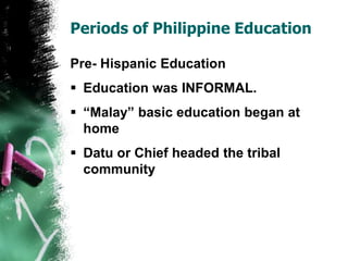 Pre- Hispanic Education
 Education was INFORMAL.
 ―Malay‖ basic education began at
home
 Datu or Chief headed the tribal
community
Periods of Philippine Education
 